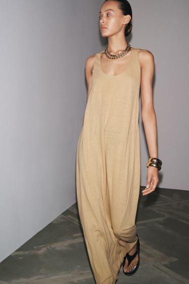 ROBE MIDI AVEC LIN - Marron clair de Zara