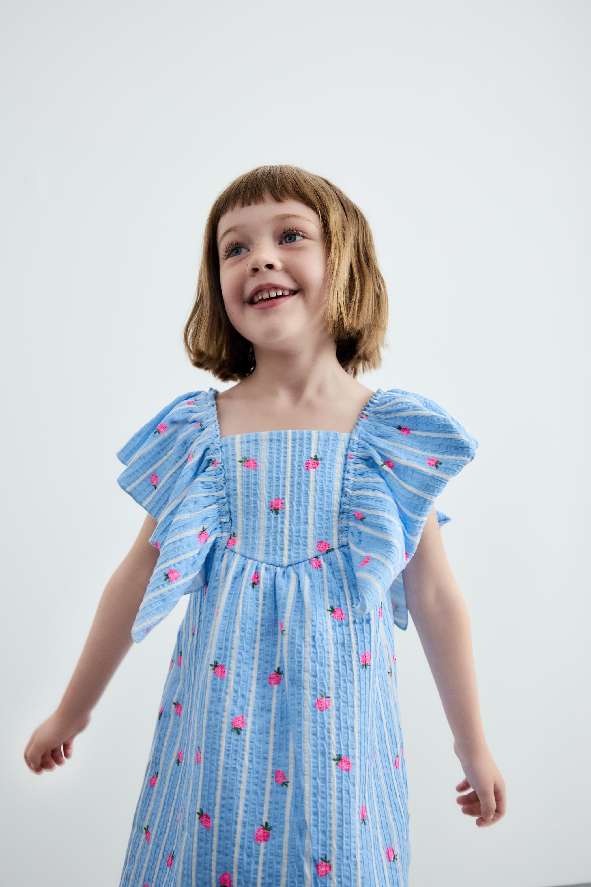 Zara Kids Robe Pull Zara Fille ROBE IMPRIMÉE À VOLANT Bleu Clair
