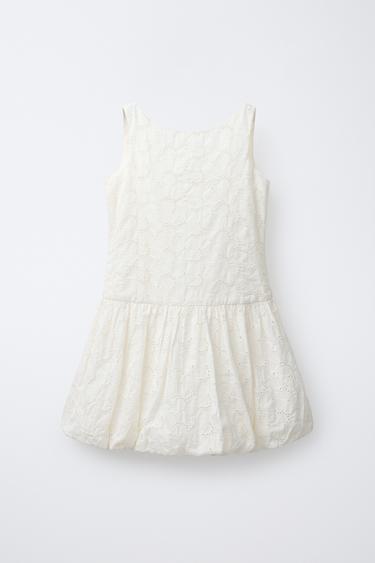 Zara EMBROIDERED BALLOON DRESS - Ecru