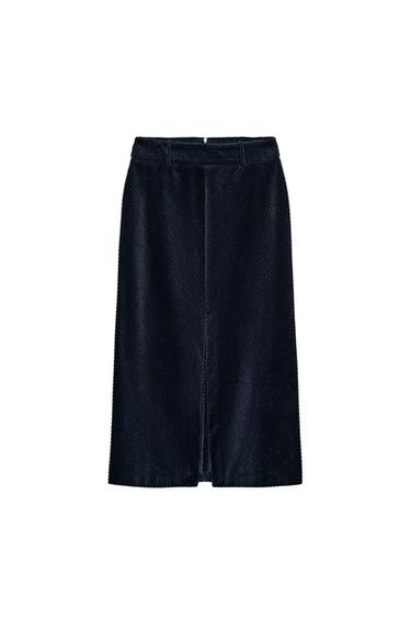 Zara STRAIGHT CORDUROY MIDI SKIRT - Navy blue