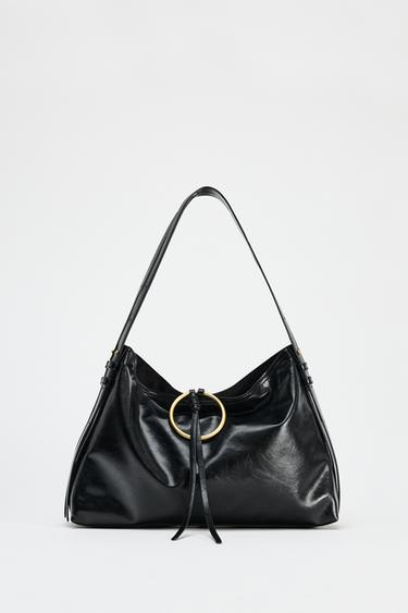 Zara METALLIC DETAIL SHOULDER BUCKET BAG - Black