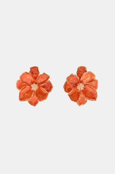 METALL-OHRRINGE MIT EMAILLIERTER BLUME - Orange von Zara