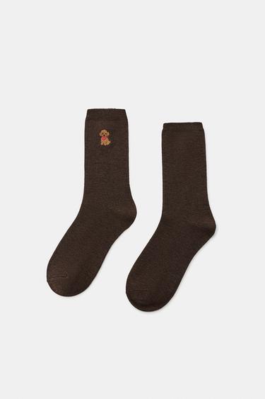 PLAIN SOCKS WITH DOG EMBROIDERY — Brown 2