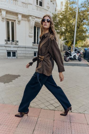 STRIPED SHIRT WITH BUCKLES - Brown / Ecru by Zara