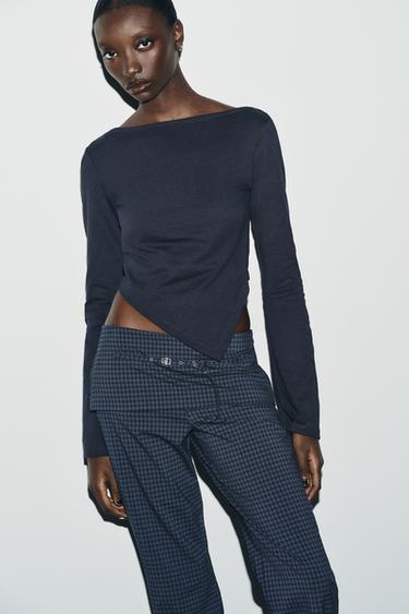 ASYMMETRIC BOAT NECK T-SHIRT - Navy blue by Zara