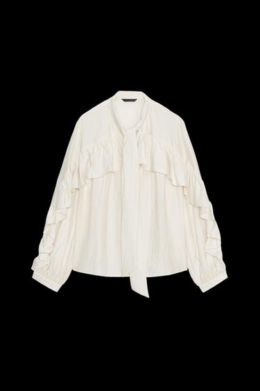 Zara RUFFLED BOW BLOUSE - Ecru