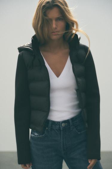 Zara NEOPRENE EFFECT PUFFER JACKET - Black