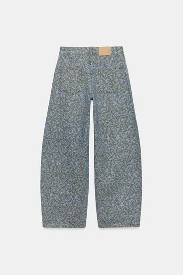 Zara ZW COLLECTION MID-RISE BARREL FLORAL JEANS - Blue
