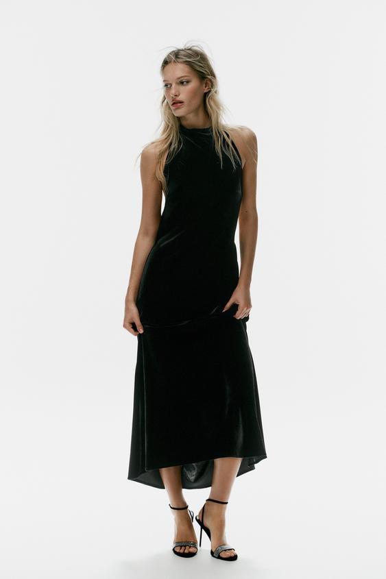 Zara DRAPED BACK VELVET MIDI DRESS - Black - Image 0