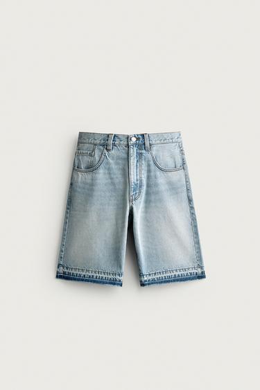 Zara RELAXED FIT DENIM BERMUDA SHORTS - Light blue