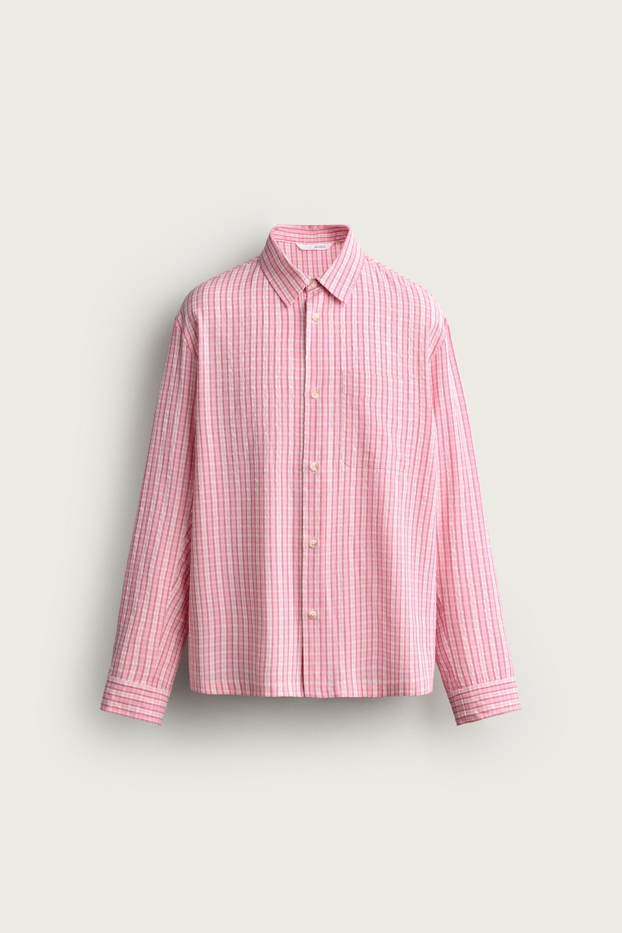 TEXTURED PLAID RELAXED FIT SHIRT — Pink