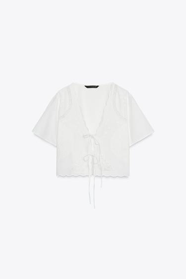 EMBROIDERED SHIRT WITH TIES - Oyster-white by Zara - Image 3