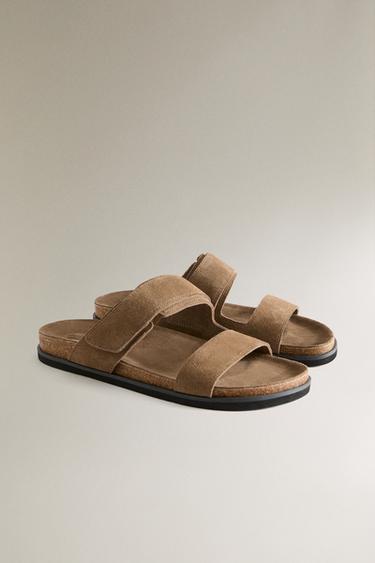 SPLIT LEATHER DOUBLE-STRAP SANDALS - Brown by Zara - Image 1