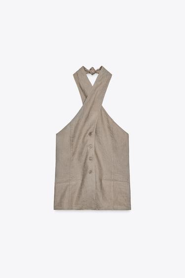 ZW COLLECTION 100% LINEN HALTER WAISTCOAT TOP - Mink by Zara