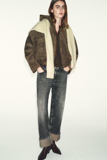 Zara BOMBER JAKNA OVERSIZE KROJA SA EFEKTOM PREVRNUTE KOŽE I KAPULJAČOM – Kaki