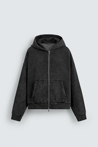 SUDADERA LAVADA CREMALLERA CAPUCHA - Gris oscuro de Zara