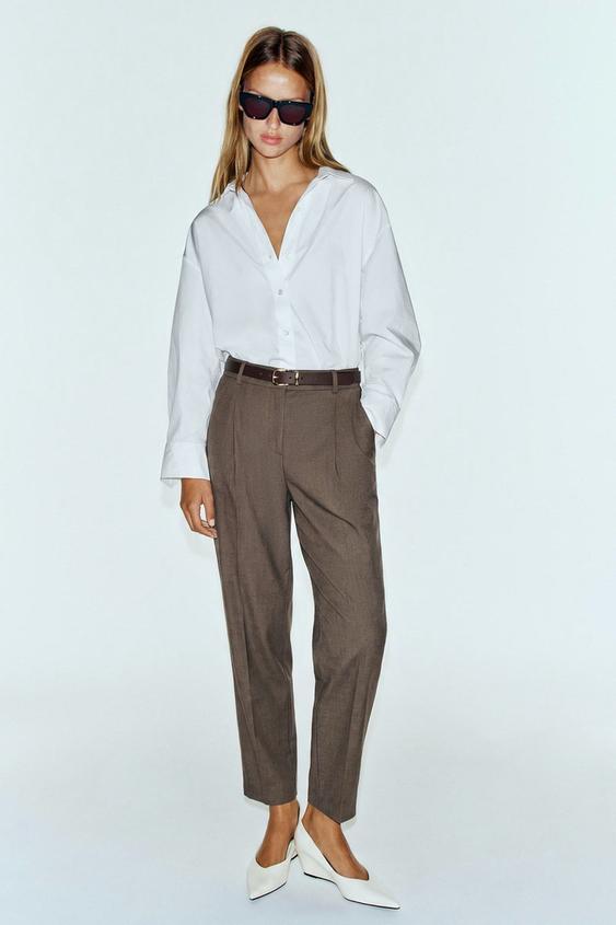 CROPPED TROUSERS WITH BELT - Mink by Zara - Image 0