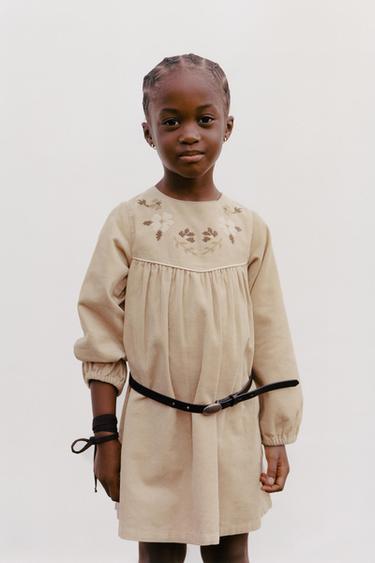 EMBROIDERED FLORAL CORDUROY DRESS — Beige 1