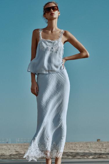 ЮБКА МИДИ С КРУЖЕВОМ — ПАСТЕЛЬНО-СИНИЙ от Zara