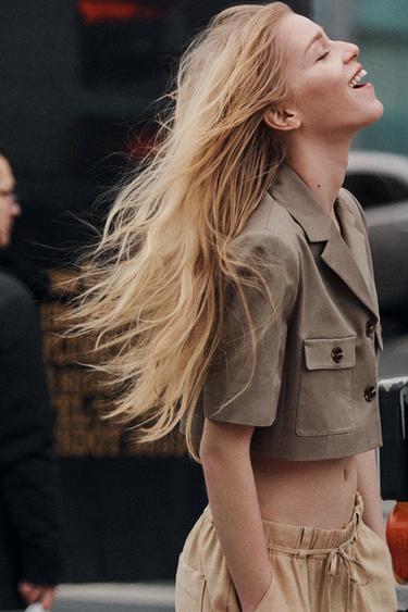 Zara CROPPED SHORT SLEEVE BLAZER - Khaki