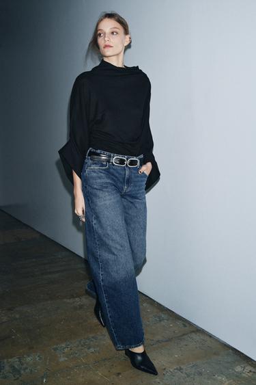 جينز ZW COLLECTION بخصر متوسط وقصة برميلية - أزرق وسط by Zara