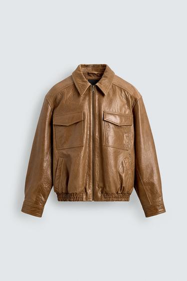 Zara KOŽNA JAKNA SA DŽEPOVIMA – žuto-smeđa