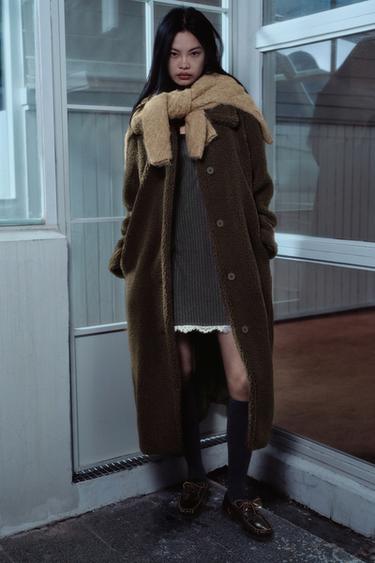 Zara 人造羊羔毛大衣 - 深棕色