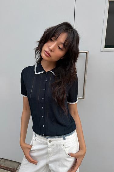 SHORT-SLEEVE LACE-TRIM POLO CARDIGAN - Navy blue by Zara