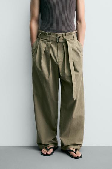 BELTED WIDE-LEG PLEATED TROUSERS - Neon green by Zara