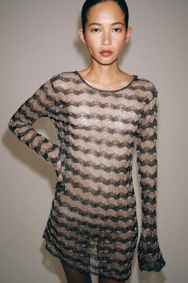 METALLIC THREAD CUTWORK KNIT MINI DRESS - striped by Zara