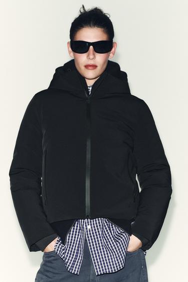 Zara 防潑水防風連帽連帽外套 - 黑色