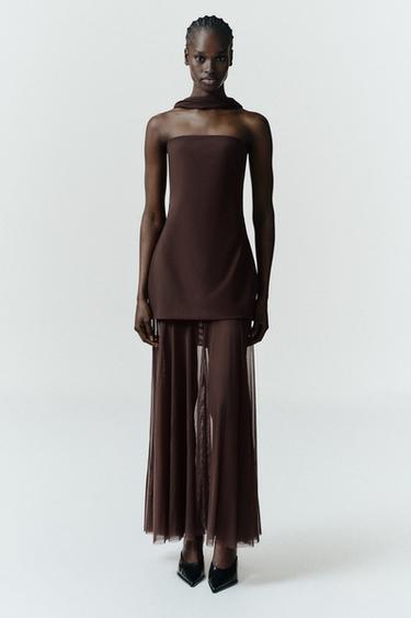 VESTIDO COMBINADO FULAR - Marrón de Zara