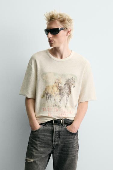 CONTRAST PRINT KNIT T-SHIRT - Oyster-white by Zara