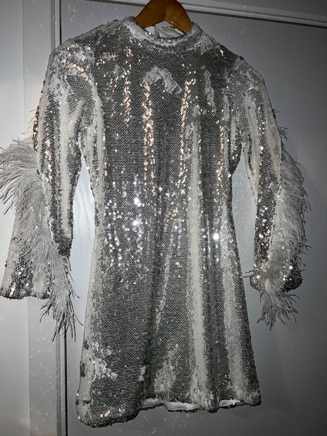 Front view of silver sequinned dress with long sleeves and feathered cuffs.