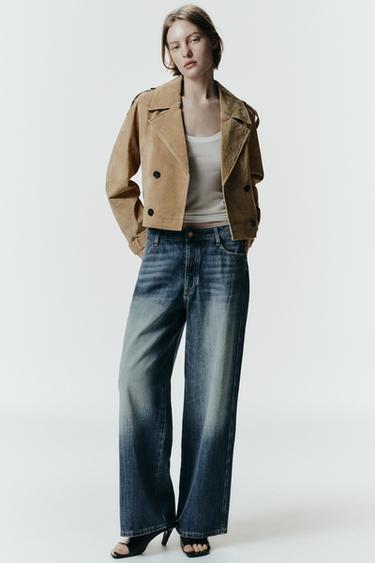 Zara SHORT DOUBLE BREASTED LEATHER TRENCH - taupe brown