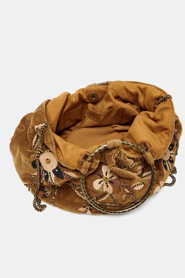 SAC SEAU BRODERIES EFFET VELOURS CÔTELÉ - Moutarde de Zara - Image 5