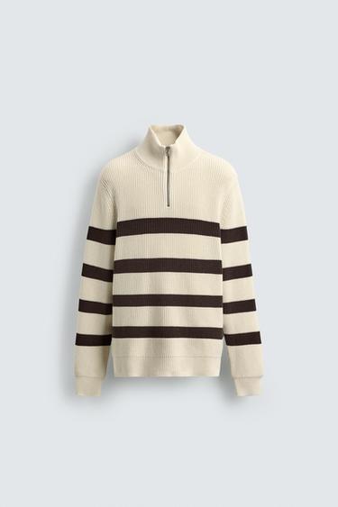 PURL KNIT ZIP-UP JUMPER - Ecru / Brown by Zara