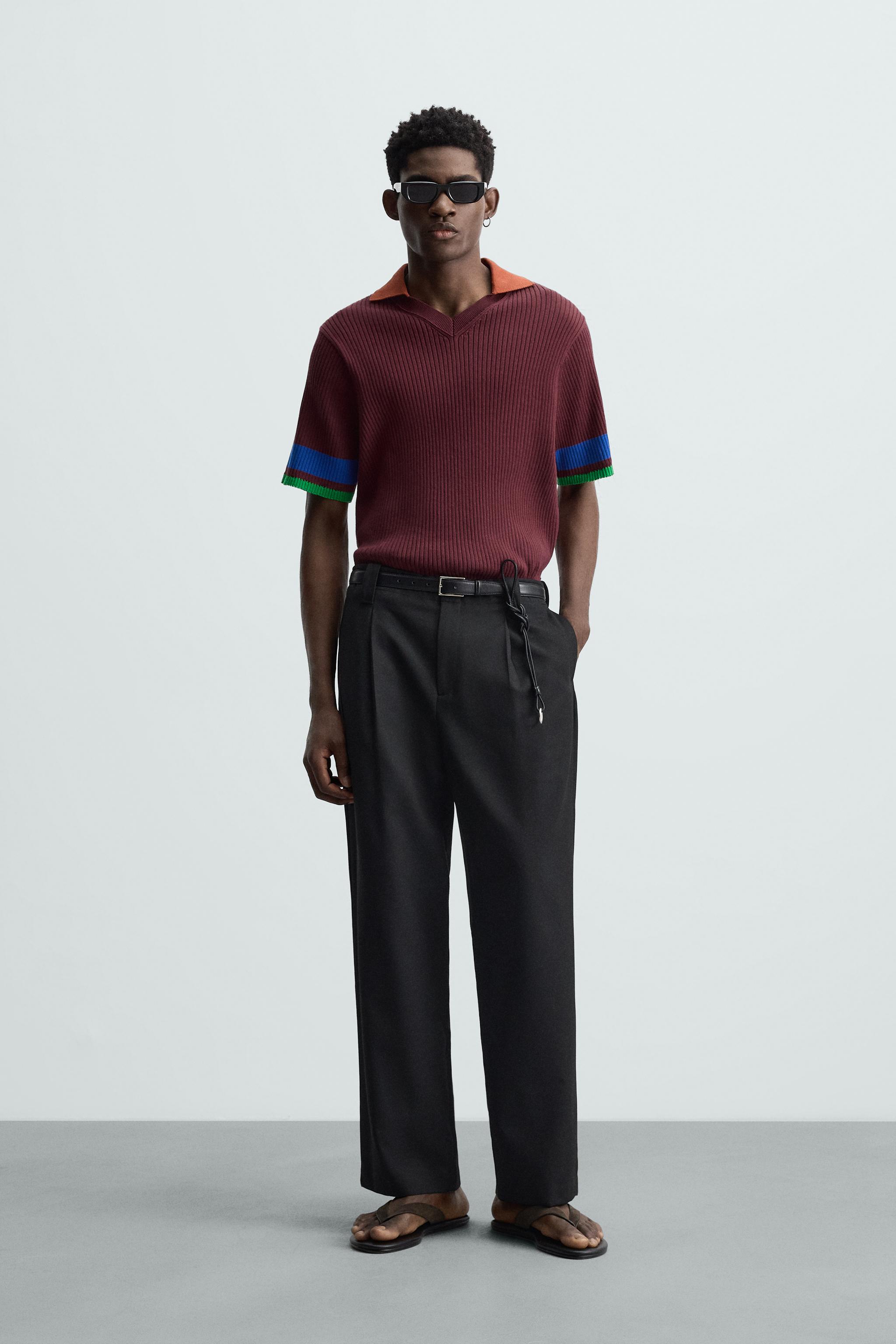 COLOUR BLOCK RIBBED KNIT POLO SHIRT - Burgundy | ZARA South