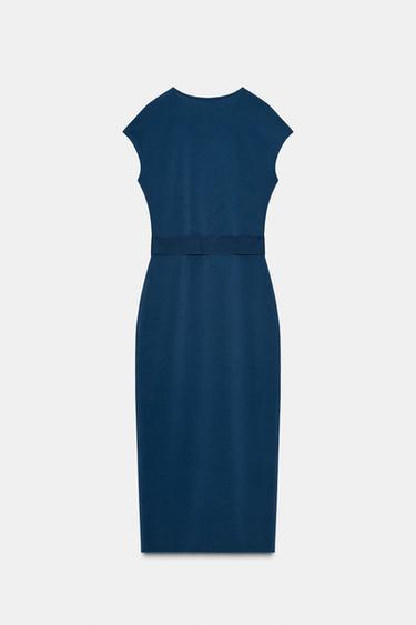 Zara BELTED STRETCH MIDI DRESS - Blue