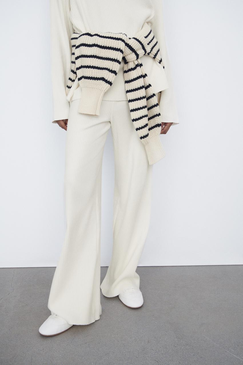 BRUSHED RIBBED PANTS - Oyster-white