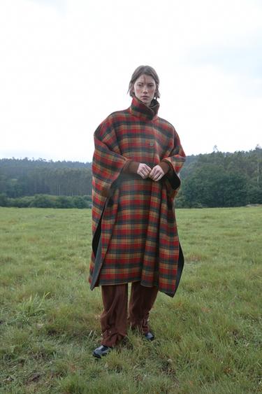 ZW COLLECTION LIMITED EDITION WOOL BLEND CHECK CAPE - bordeaux/ecru by Zara - Image 0