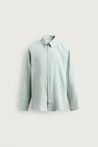 Zara 100% LINEN REGULAR FIT SHIRT - Blue / Green