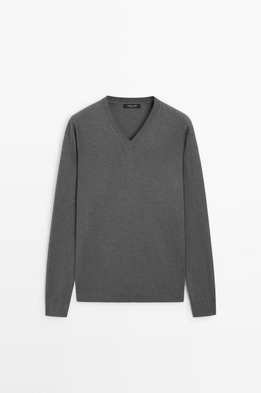 Cotton blend V-neck knit sweater — Mid-gray 1