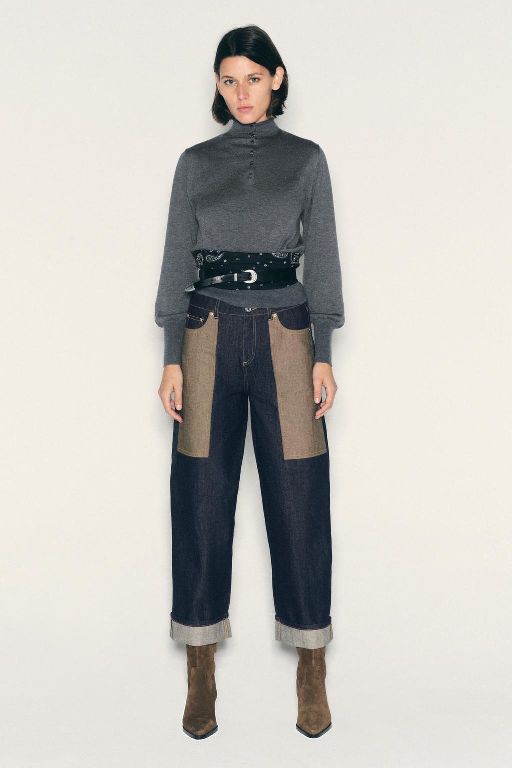 Z1975 MIXED HIGH-WAIST TURN-UP HEM JEANS