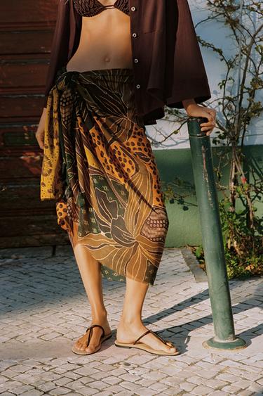 Zara FLORAL PRINT MODAL SILK SCARF - Brown