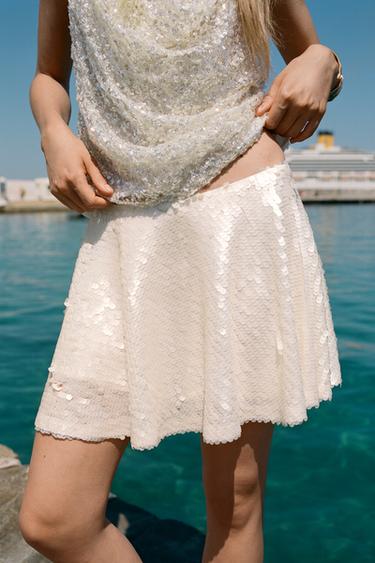 SEQUINNED MINI SKORT - Pearl / Beige by Zara