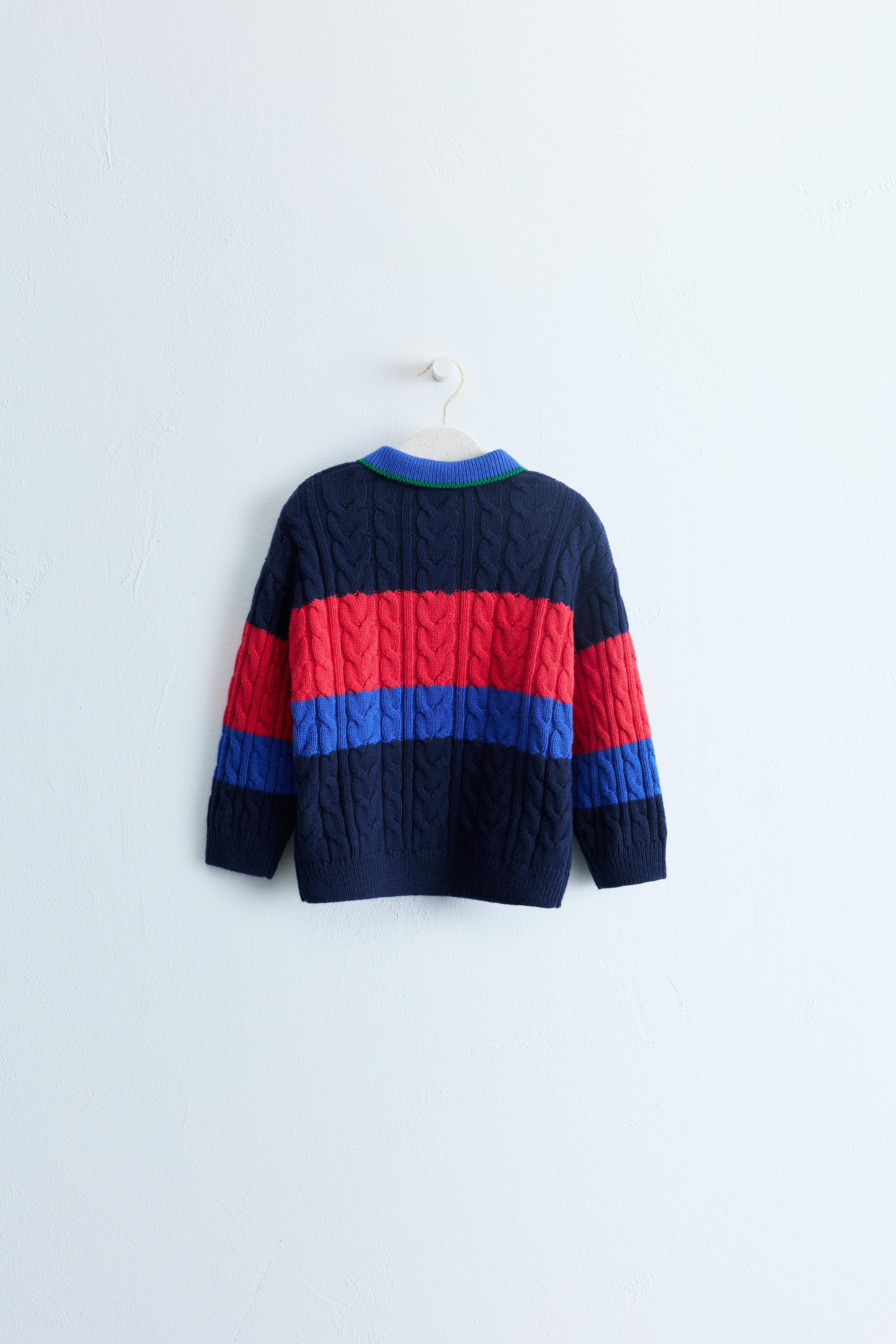 ZARA TIMELESS - COTTON AND WOOL CABLE-KNIT POLO JUMPER — Dark navy