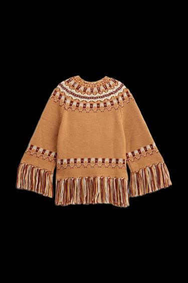 Zara LIMITED EDITION 100% WOOL JACQUARD KNIT PONCHO - Light camel