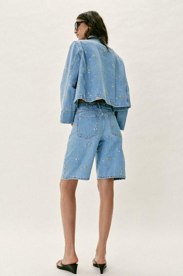 Z1975 EMBROIDERED FLORAL DENIM BERMUDA SHORTS - Mid-blue by Zara - Image 5