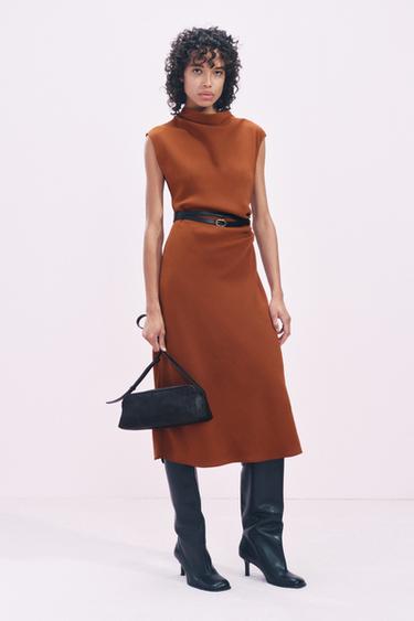 Zara ZW COLLECTION BELTED MIDI DRESS - Dark orange
